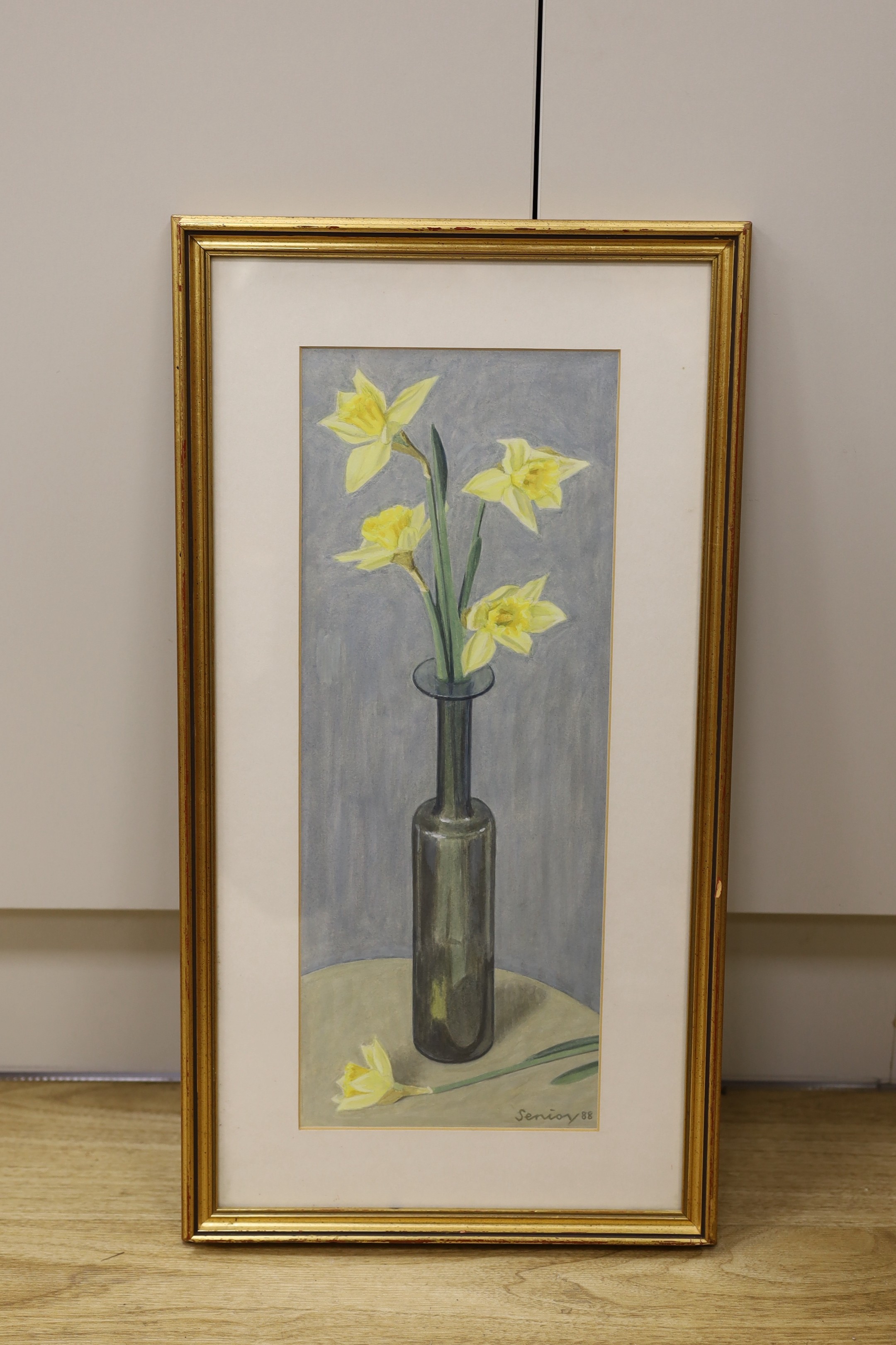 Bryan Senior (British b.1935), acrylic on paper, 'Daffodils in grey vase', signed and dated '88 43 x 16.5cm